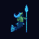 A small pixel art icon of a blue mermaid with bright blue hair holding a spear.